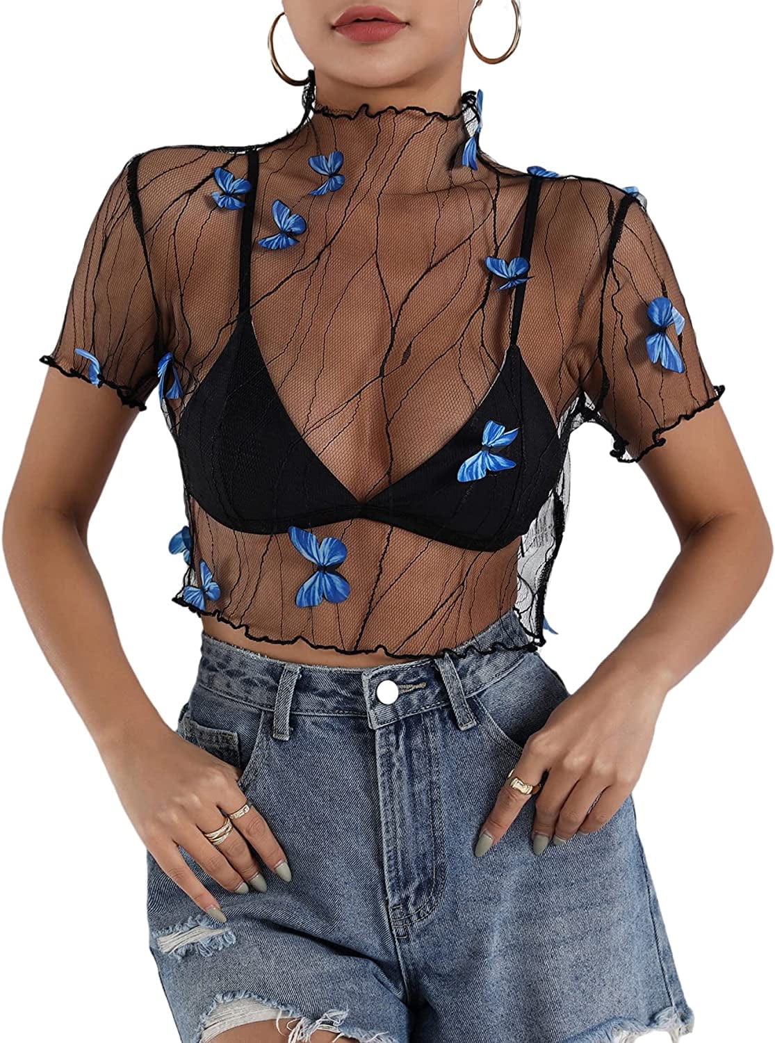 Makemechic Women'S Summer Short Sleeve Tops See through Mesh Sheer Sexy T Shirt Blouse C Black / Large