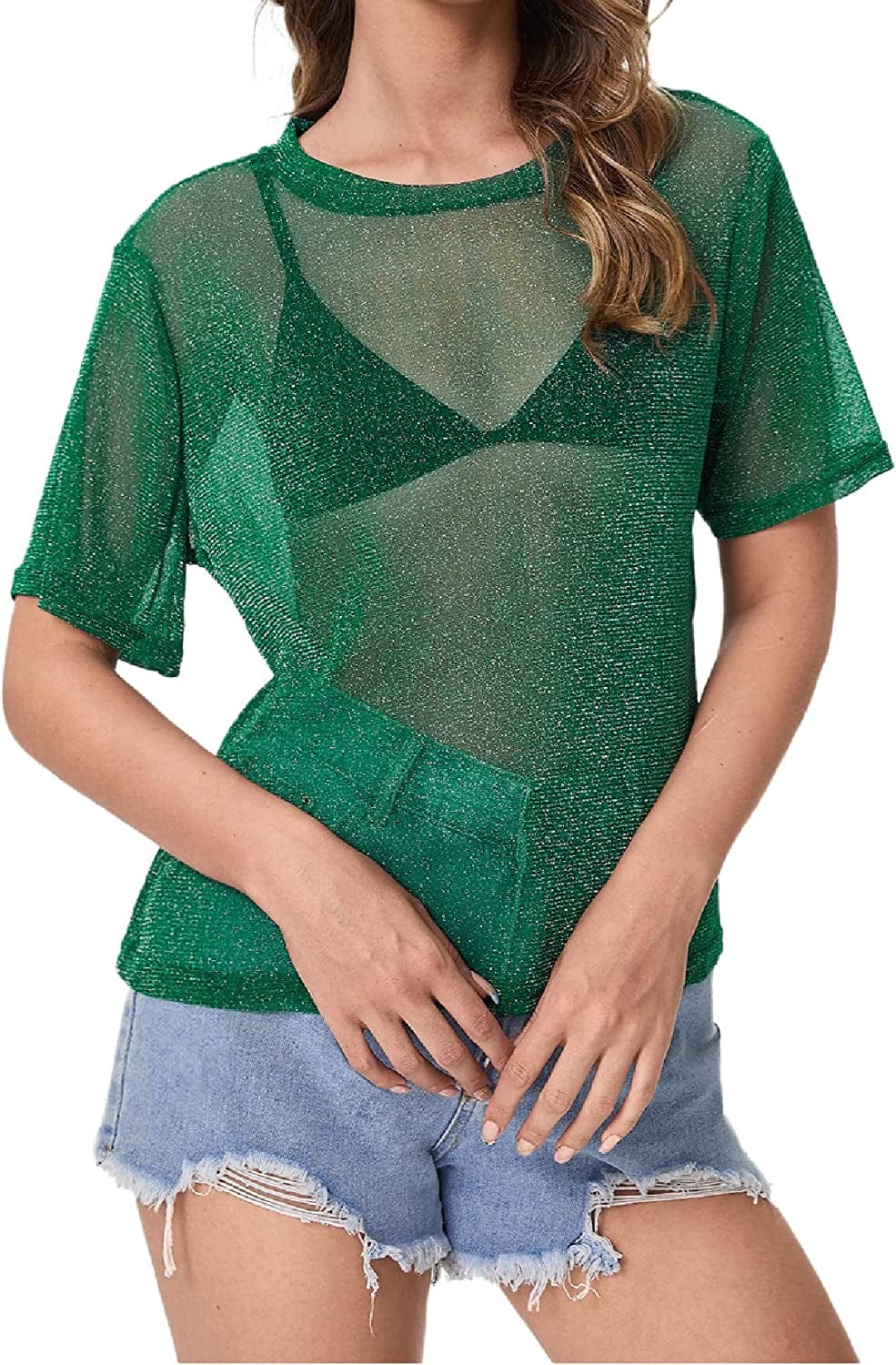 Makemechic Women'S Summer Short Sleeve Tops See through Mesh Sheer Sexy T Shirt Blouse Dark Green Glitter / Large
