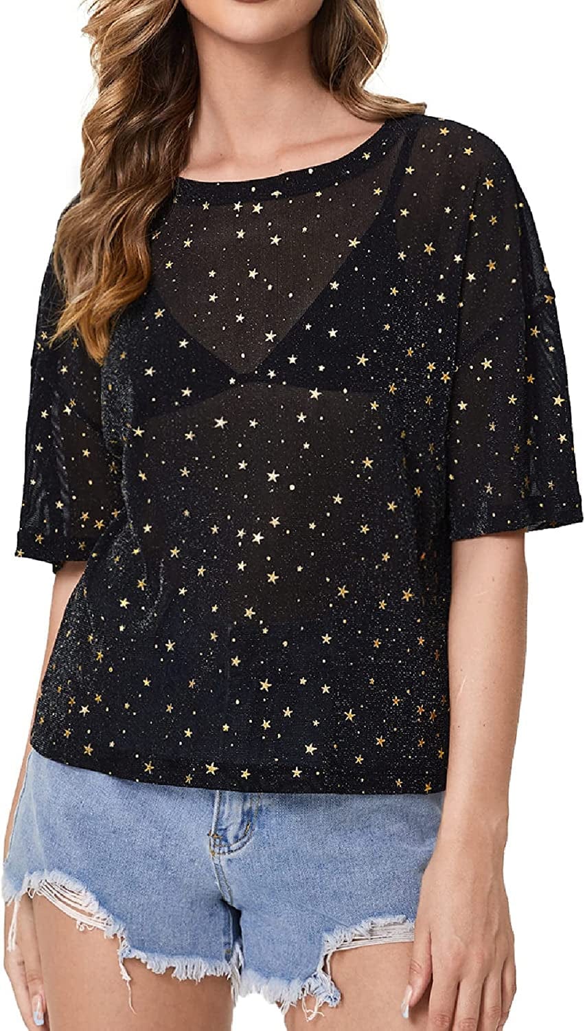 Makemechic Women'S Summer Short Sleeve Tops See through Mesh Sheer Sexy T Shirt Blouse Black Golden Star / Large