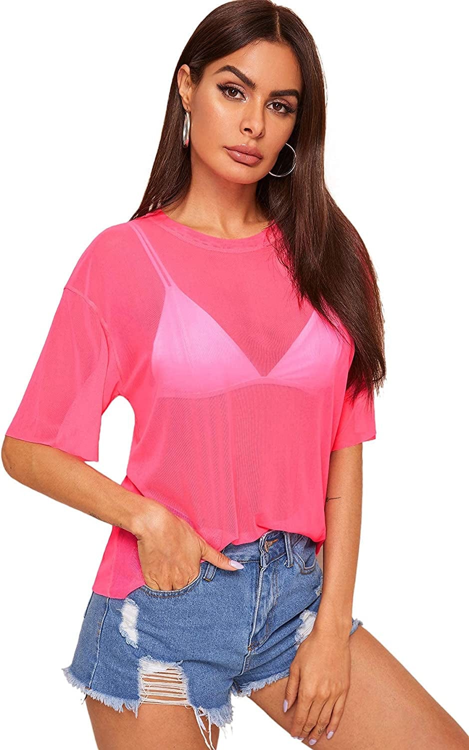 Makemechic Women'S Summer Short Sleeve Tops See through Mesh Sheer Sexy T Shirt Blouse Hot Pink / Large