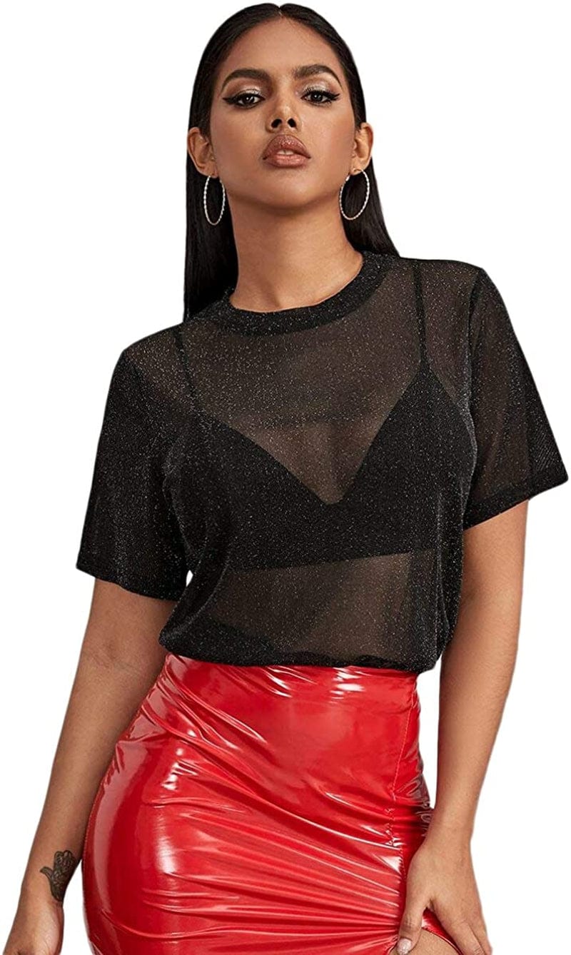 Makemechic Women'S Summer Short Sleeve Tops See through Mesh Sheer Sexy T Shirt Blouse B Black / Large