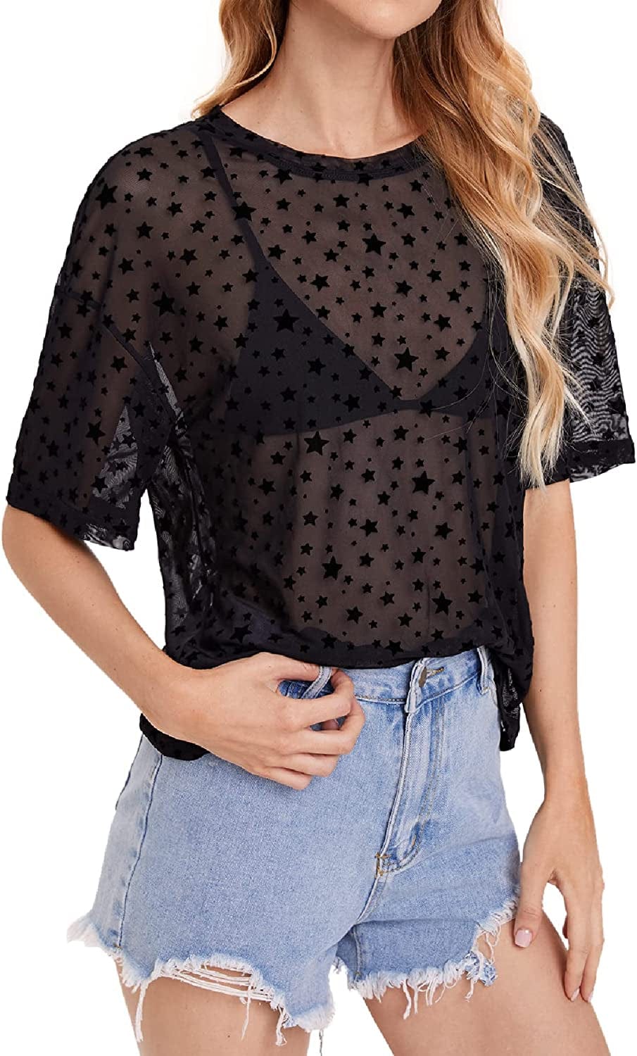 Makemechic Women'S Summer Short Sleeve Tops See through Mesh Sheer Sexy T Shirt Blouse Black Star / Large