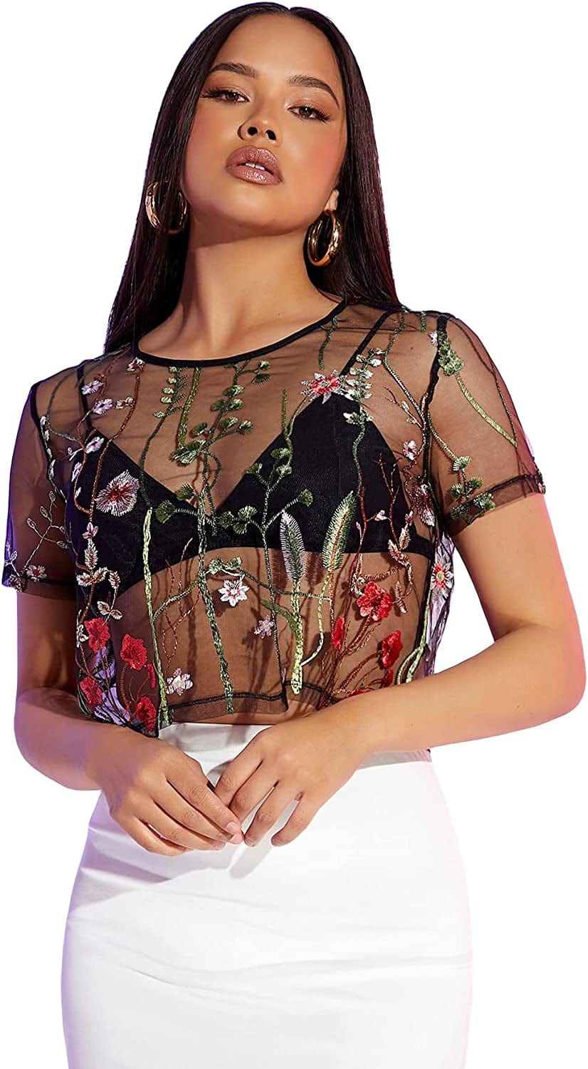Makemechic Women'S Summer Short Sleeve Tops See through Mesh Sheer Sexy T Shirt Blouse Black Floral / Large