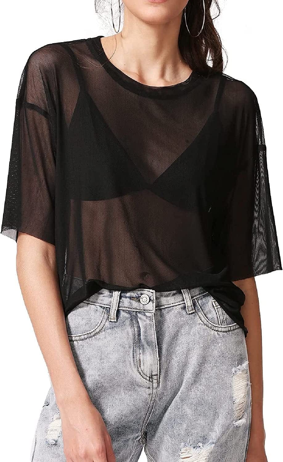 Makemechic Women'S Summer Short Sleeve Tops See through Mesh Sheer Sexy T Shirt Blouse A Black / Large