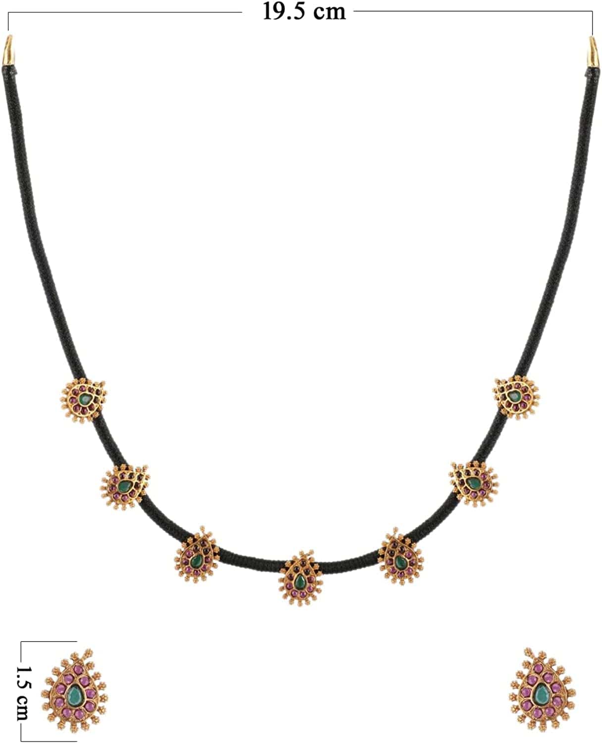 Makul Antique Gold-Plated Indian Jewelry Set with CZ Pendant Necklace and Earrings - Red Green