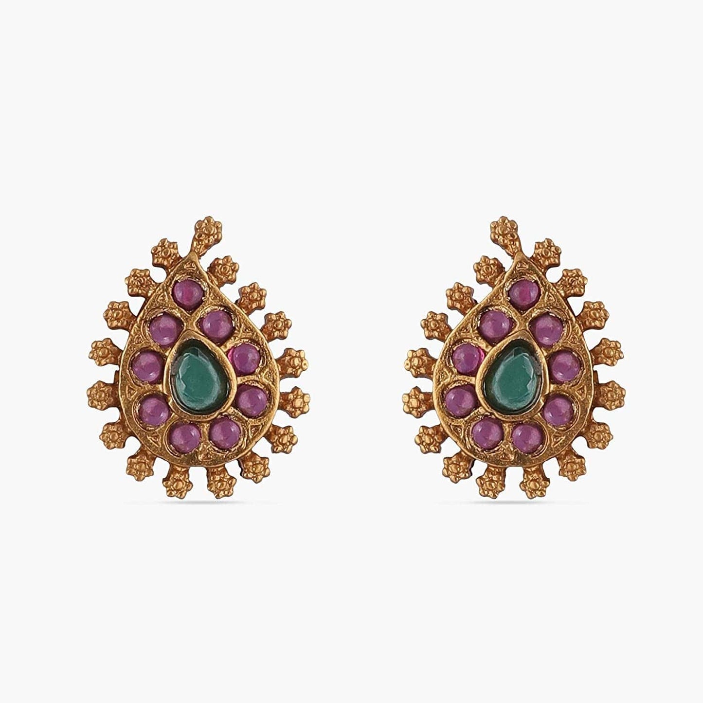 Makul Antique Gold-Plated Indian Jewelry Set with CZ Pendant Necklace and Earrings - Red Green