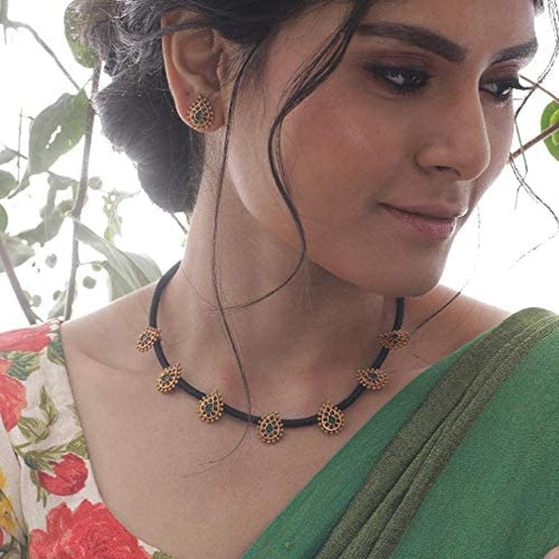 Makul Antique Gold-Plated Indian Jewelry Set with CZ Pendant Necklace and Earrings - Red Green