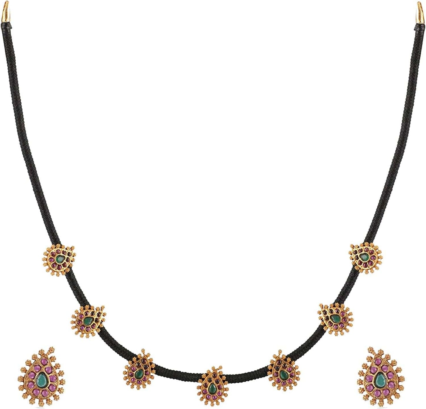 Makul Antique Gold-Plated Indian Jewelry Set with CZ Pendant Necklace and Earrings - Red Green