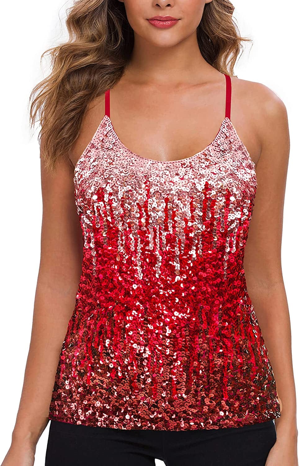 MANER Women’S Sequin Tops Glitter Party Strappy Tank Top Sparkle Cami Canyon Rose/Burgundy/Ruby Red / Small