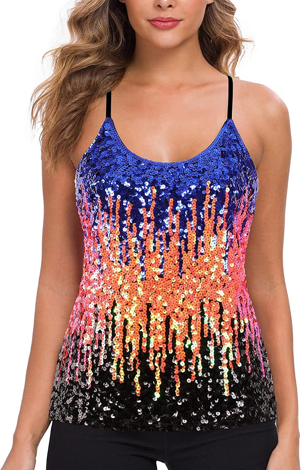 MANER Women’S Sequin Tops Glitter Party Strappy Tank Top Sparkle Cami Royal Blue/Orange/Black / Small
