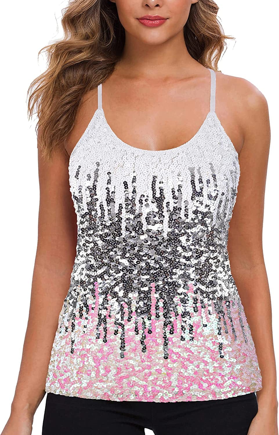 MANER Women’S Sequin Tops Glitter Party Strappy Tank Top Sparkle Cami White/Silver/Iridescent / Small