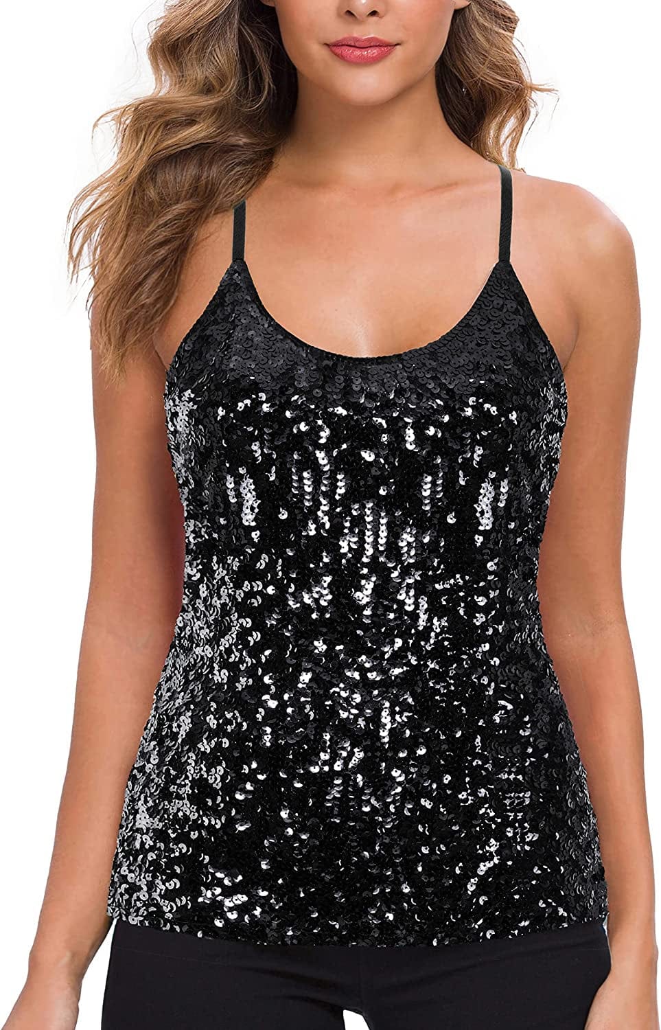 MANER Women’S Sequin Tops Glitter Party Strappy Tank Top Sparkle Cami Black / Small