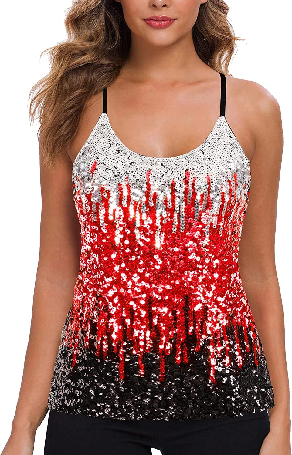 MANER Women’S Sequin Tops Glitter Party Strappy Tank Top Sparkle Cami Silver/Red/Black / Small