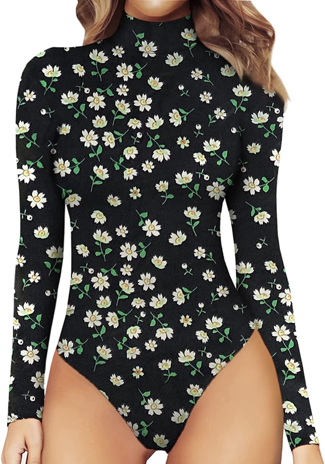 MANGOPOP Women'S Mock Turtle Neck Long Sleeve Tops Bodysuit Jumpsuit Long Sleeve 1#little Daisy / X-Large
