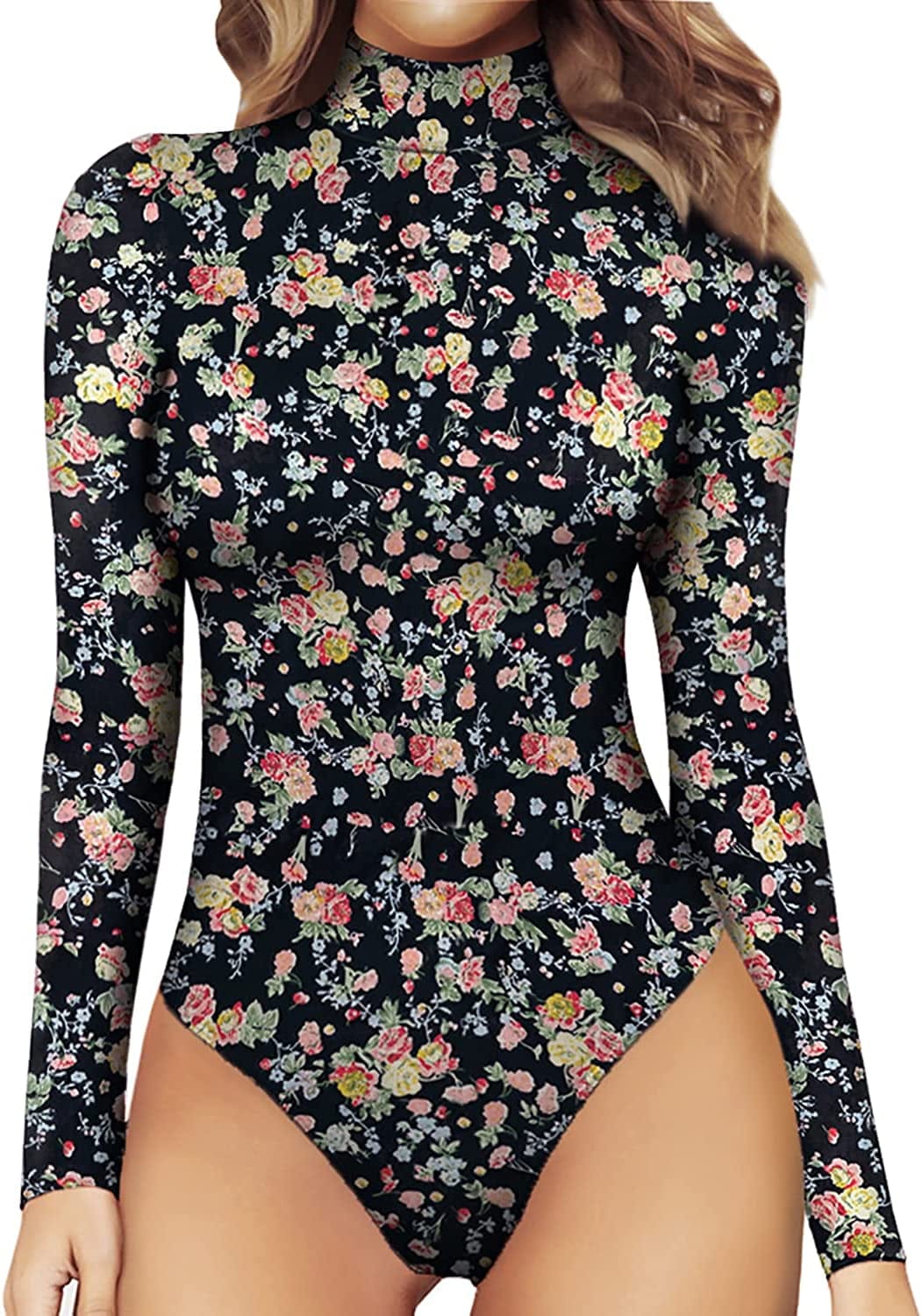 MANGOPOP Women'S Mock Turtle Neck Long Sleeve Tops Bodysuit Jumpsuit Long Sleeve 2#flowers / XX-Large
