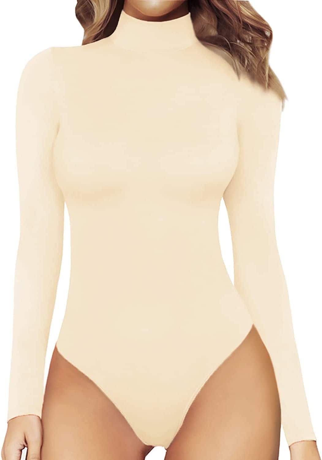 MANGOPOP Women'S Mock Turtle Neck Long Sleeve Tops Bodysuit Jumpsuit Long Sleeve Beige / XX-Large