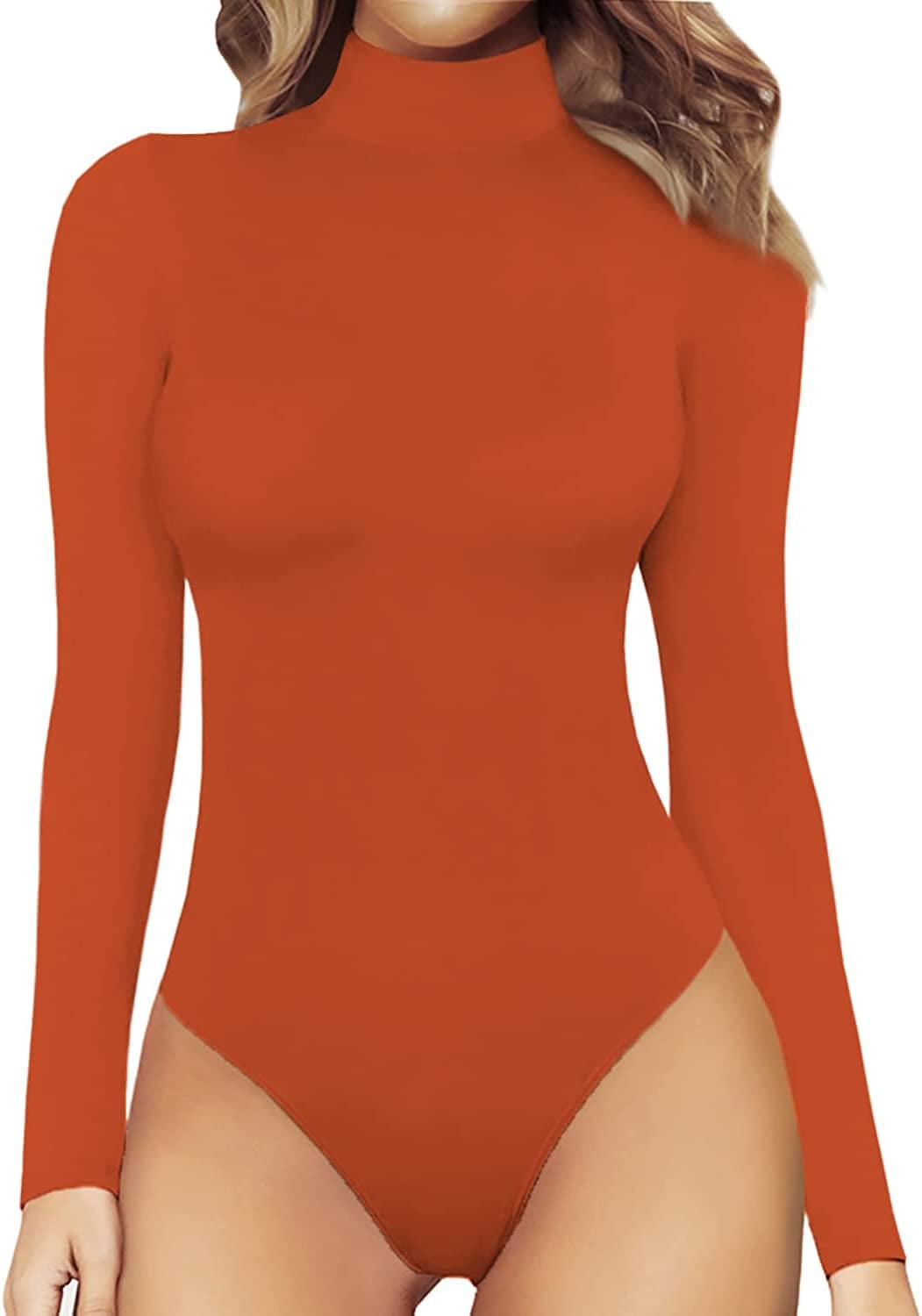 MANGOPOP Women'S Mock Turtle Neck Long Sleeve Tops Bodysuit Jumpsuit Long Sleeve Sorrel / X-Large