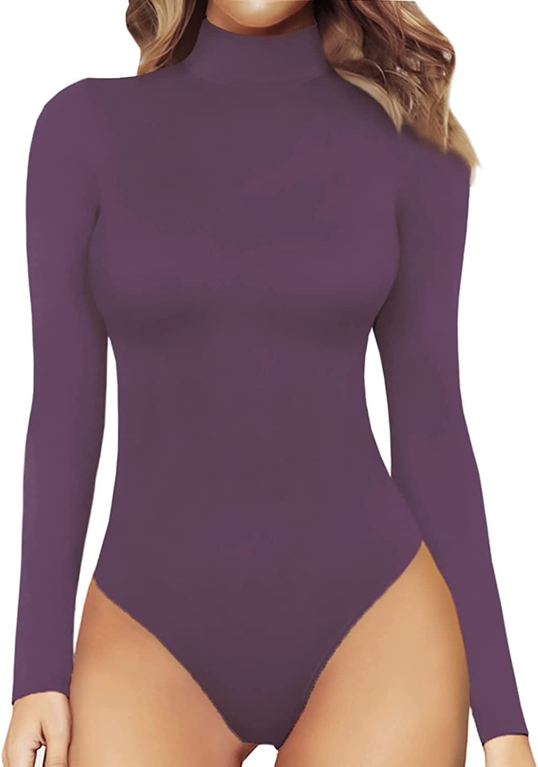 MANGOPOP Women'S Mock Turtle Neck Long Sleeve Tops Bodysuit Jumpsuit Long Sleeve Lavender / XX-Large