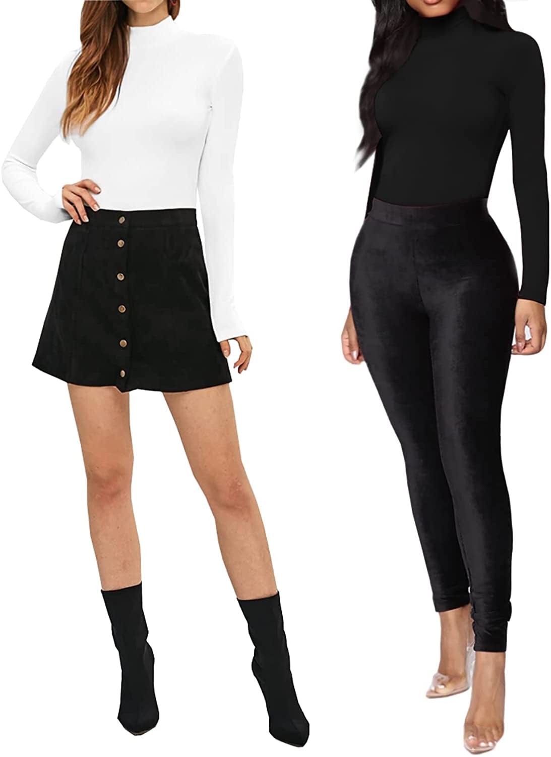 MANGOPOP Women'S Mock Turtle Neck Long Sleeve Tops Bodysuit Jumpsuit