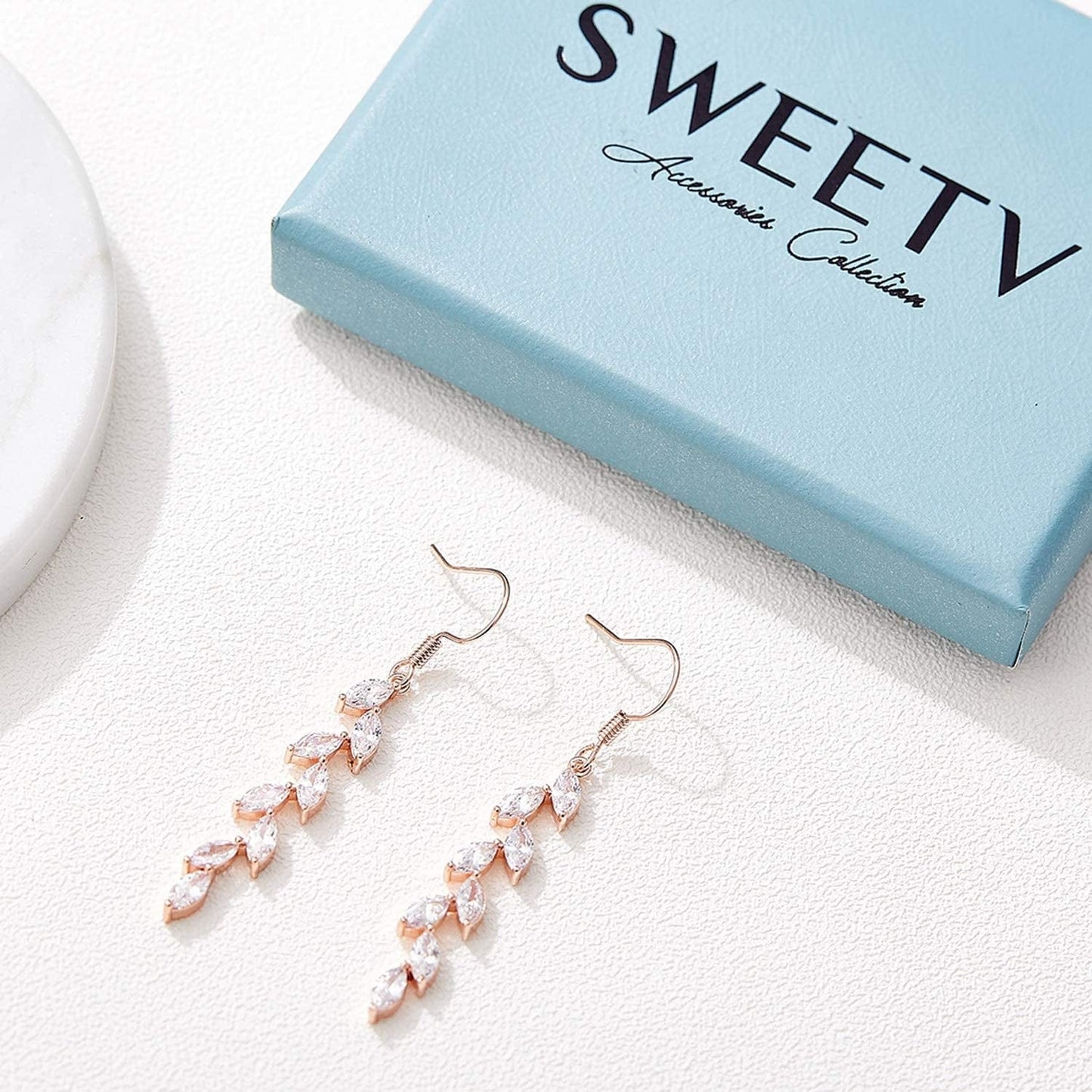 Marquise Wedding Dangle Earrings for Brides Bridesmaid, Crystal Long Bridal Earrings for Women Prom