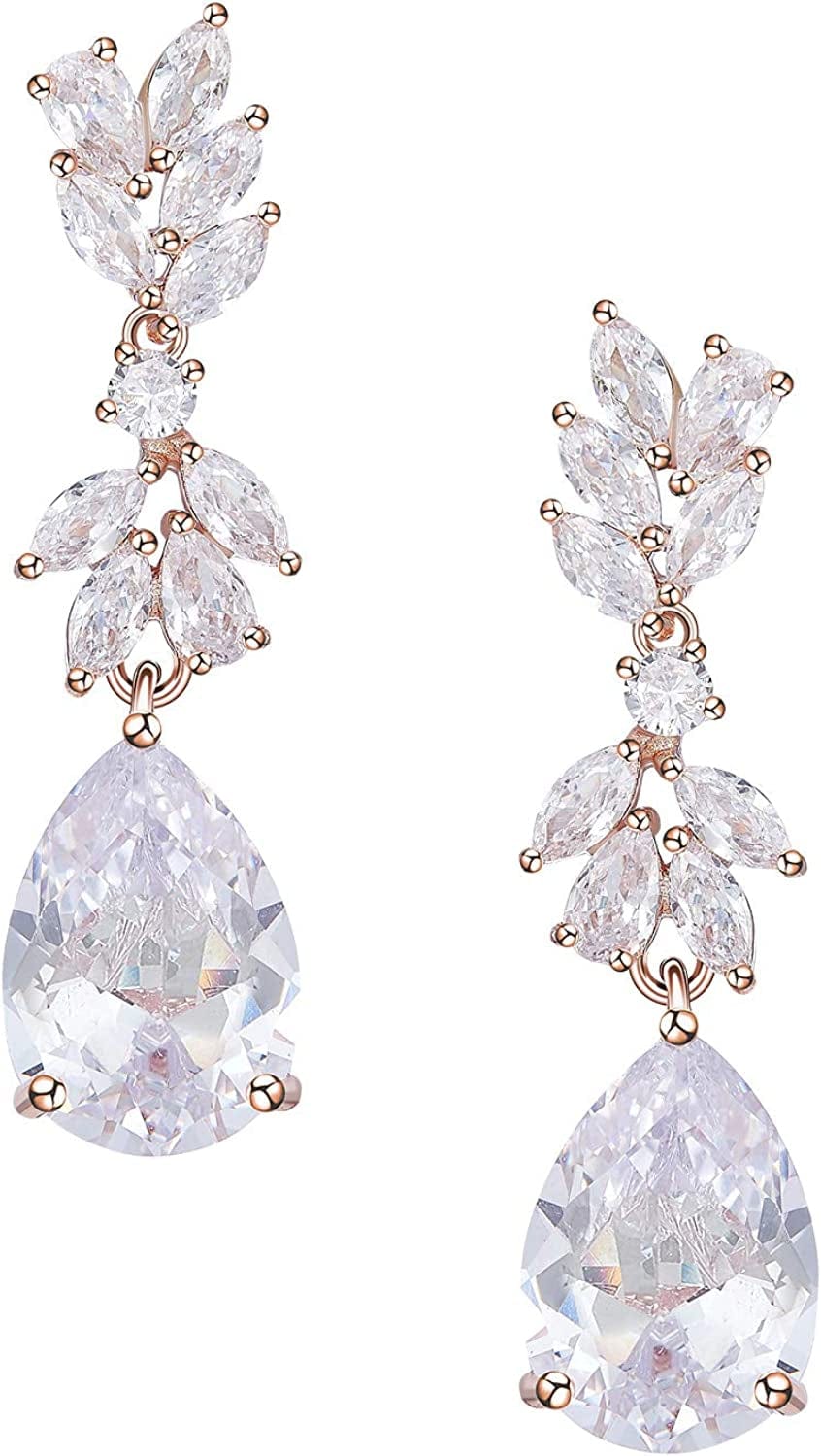 Marquise Wedding Earrings for Brides, Bridesmaids, Teardrop Crystal Cubic Zirconia Bridal Drop Earrings for Women Prom Rose Gold