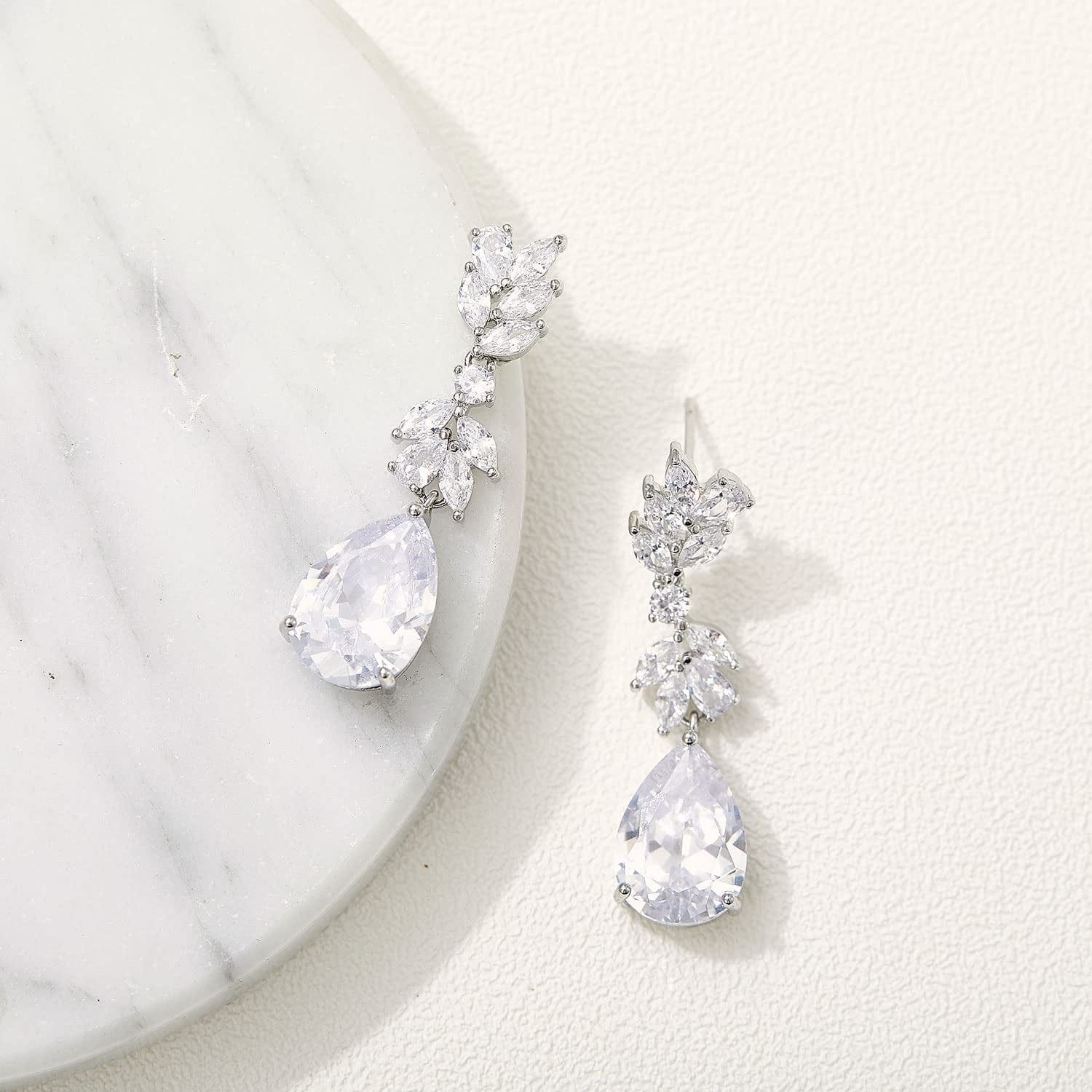 Marquise Wedding Earrings for Brides, Bridesmaids, Teardrop Crystal Cubic Zirconia Bridal Drop Earrings for Women Prom