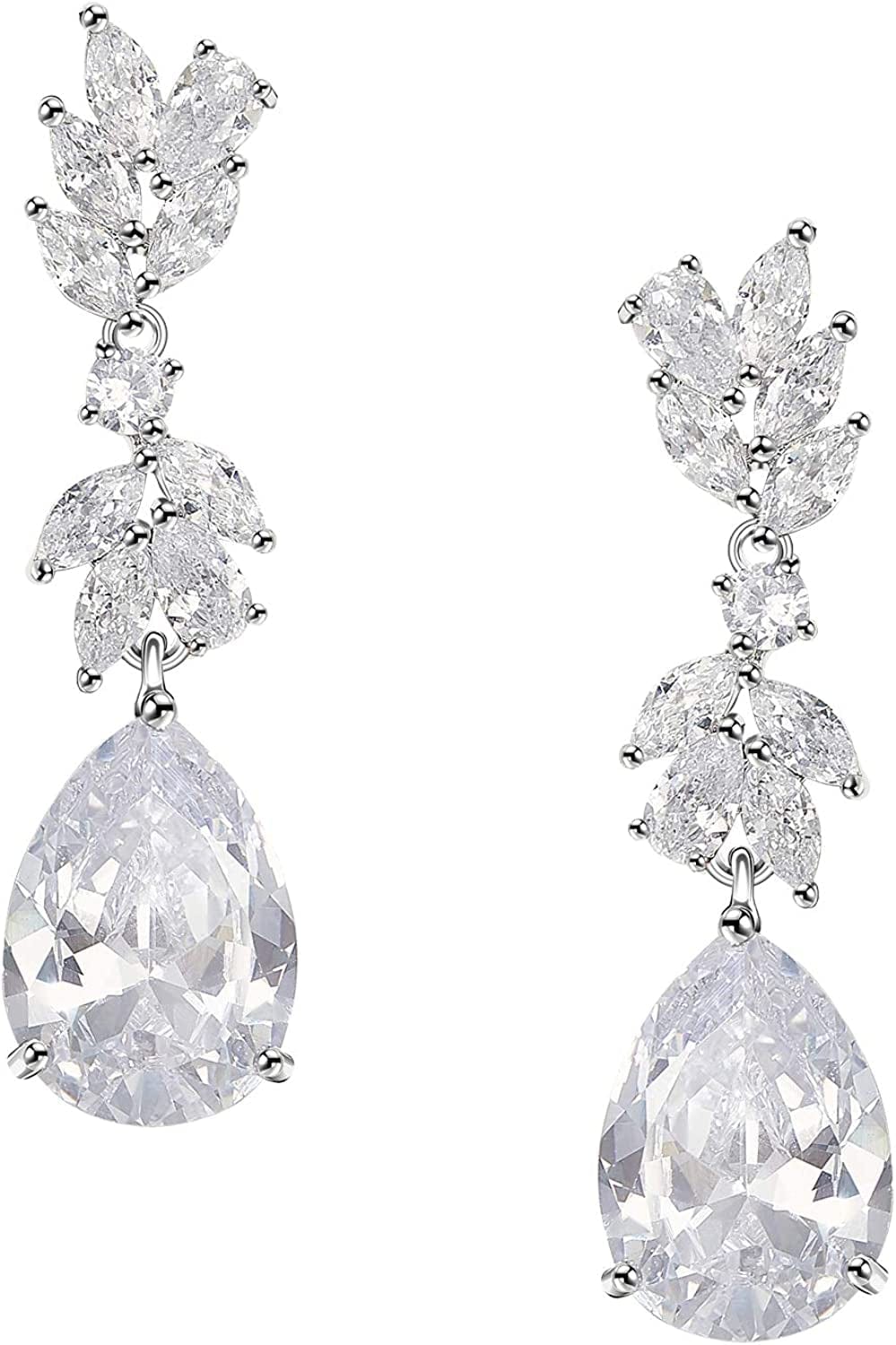 Marquise Wedding Earrings for Brides, Bridesmaids, Teardrop Crystal Cubic Zirconia Bridal Drop Earrings for Women Prom Silver