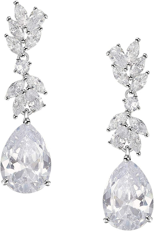 Marquise Wedding Earrings for Brides, Bridesmaids, Teardrop Crystal Cubic Zirconia Bridal Drop Earrings for Women Prom Silver