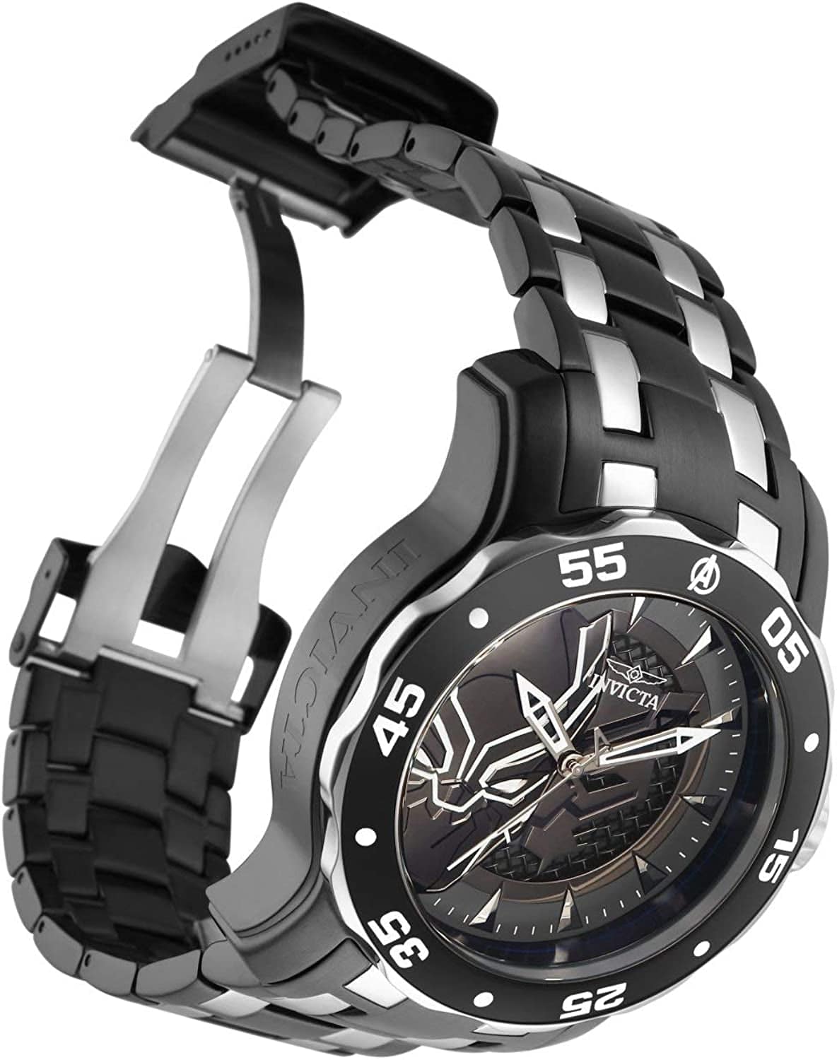 Marvel Men'S 48Mm Pro Diver Scuba Black Panther Black Silver Two Tone Limited Edition Quartz Stainless Steel Bracelet Watch