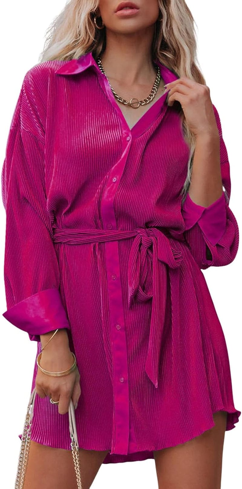 MARZXIN Women’S Pleated Long Sleeve Shirt Dress Button down Wrap V Neck Casual Work Flowy Mini Short Dresses with Belt A-Rose Red / Large