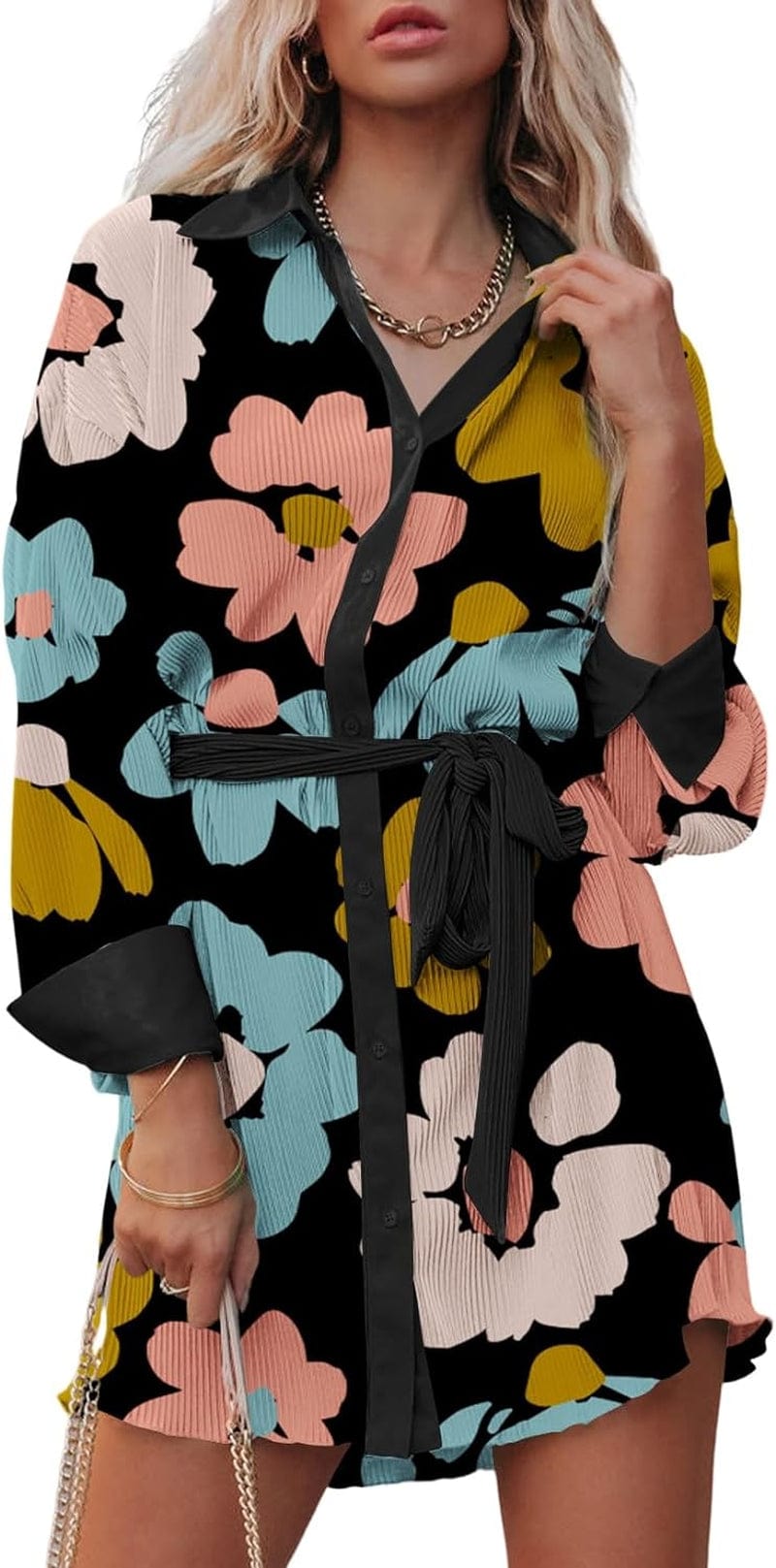 MARZXIN Women’S Pleated Long Sleeve Shirt Dress Button down Wrap V Neck Casual Work Flowy Mini Short Dresses with Belt Z-Printed Black Blue / Large