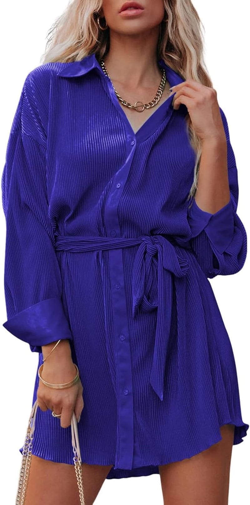 MARZXIN Women’S Pleated Long Sleeve Shirt Dress Button down Wrap V Neck Casual Work Flowy Mini Short Dresses with Belt A-Blue / Medium