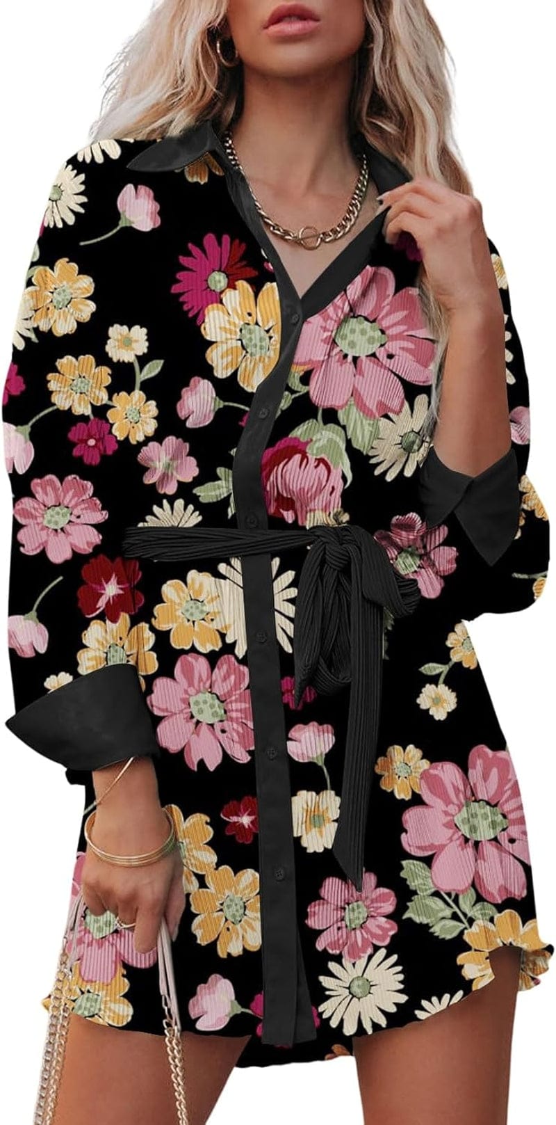 MARZXIN Women’S Pleated Long Sleeve Shirt Dress Button down Wrap V Neck Casual Work Flowy Mini Short Dresses with Belt Z-Printed Black Pink / Large