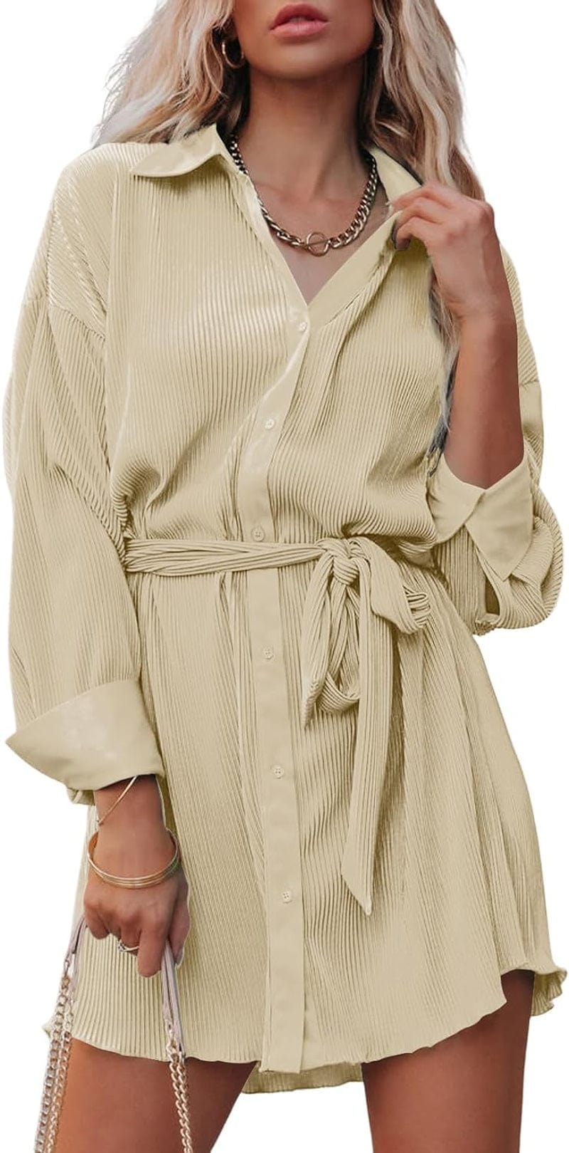 MARZXIN Women’S Pleated Long Sleeve Shirt Dress Button down Wrap V Neck Casual Work Flowy Mini Short Dresses with Belt Apricot / X-Large