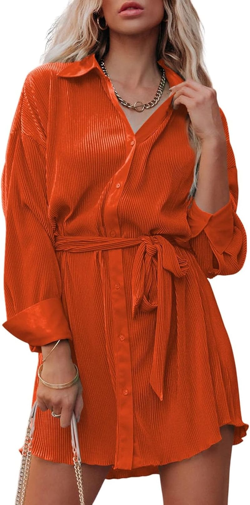 MARZXIN Women’S Pleated Long Sleeve Shirt Dress Button down Wrap V Neck Casual Work Flowy Mini Short Dresses with Belt A-Orange / Medium