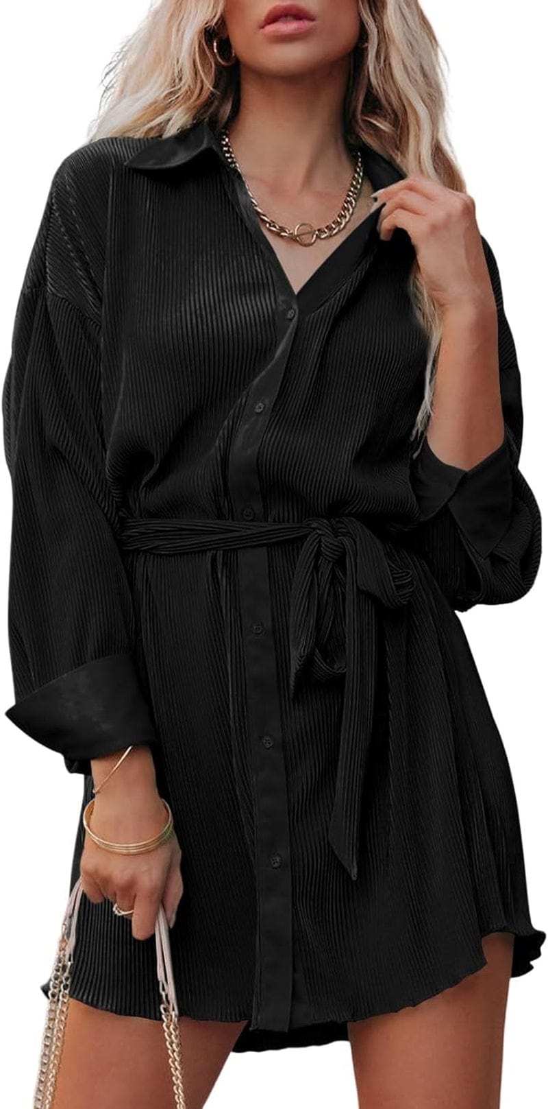 MARZXIN Women’S Pleated Long Sleeve Shirt Dress Button down Wrap V Neck Casual Work Flowy Mini Short Dresses with Belt A-Black / Large