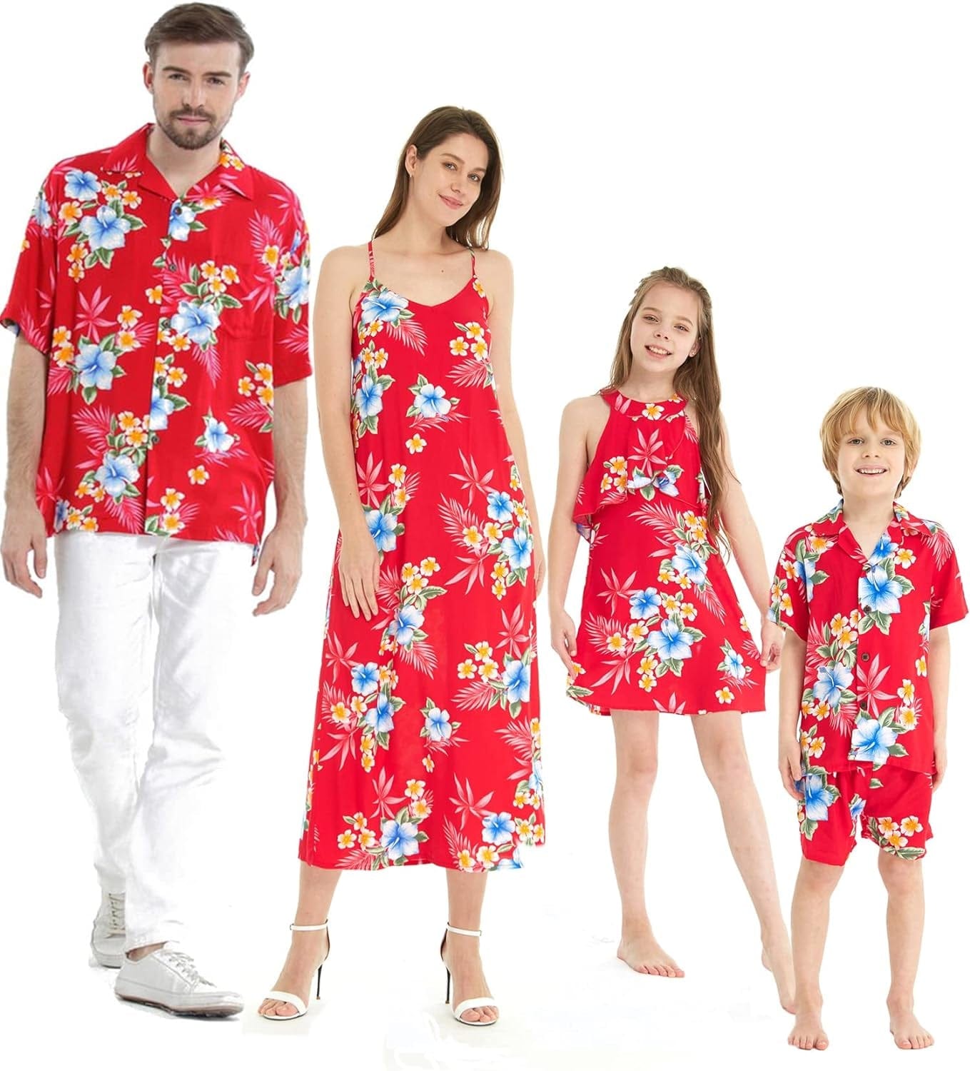 Matchable Family Hawaiian Luau Men Women Girl Boy Clothes in Hibiscus Red Men Short Sleeve / Men / Large