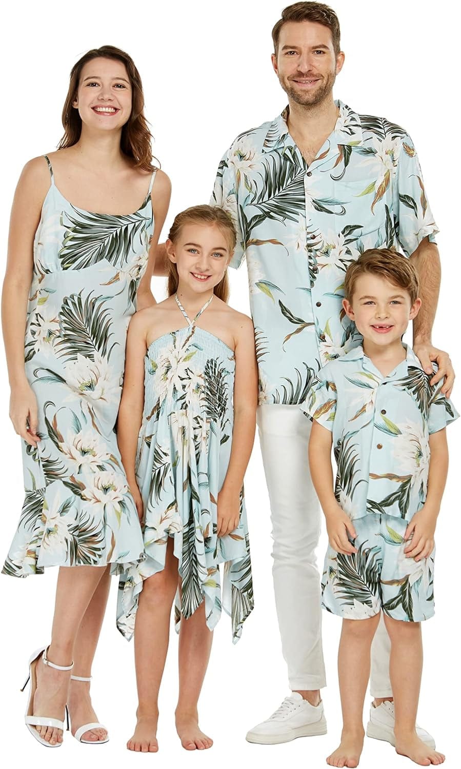 Matchable Family Hawaiian Luau Men Women Girl Boy Clothes in Wispy Cereus Light Blue Women Spaghetti Strap Top / Women / Xx-Large