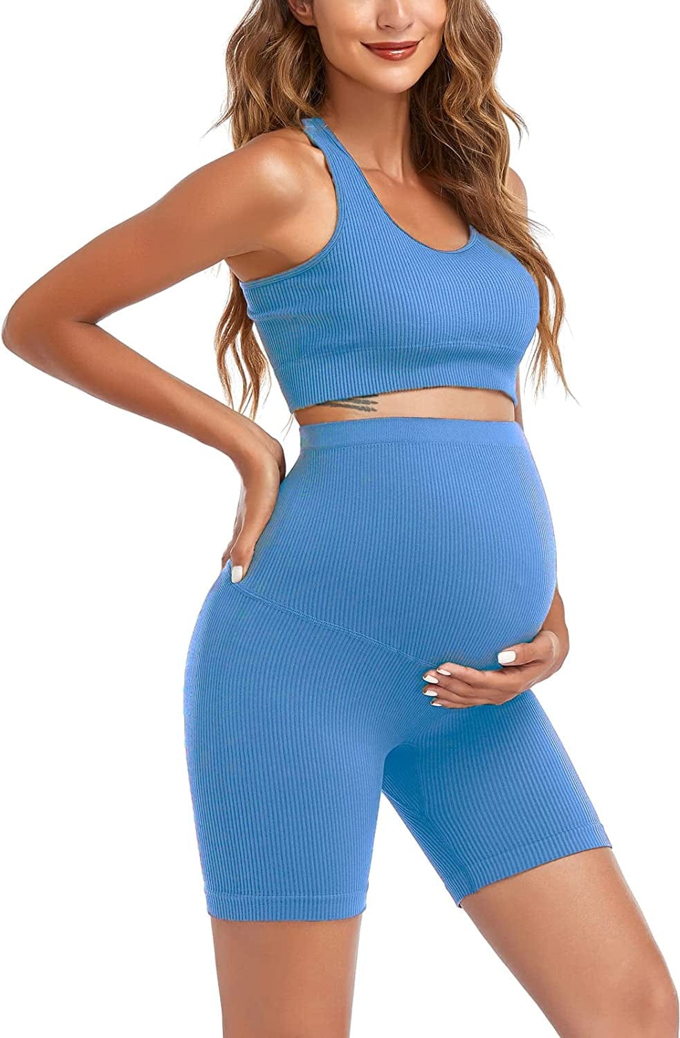 Maternity for Women 2Piece ,Seamless Ribbed Built in Maternity Bra High Waist Elasticity Pregnancy Shorts Sets Blue1 / Medium