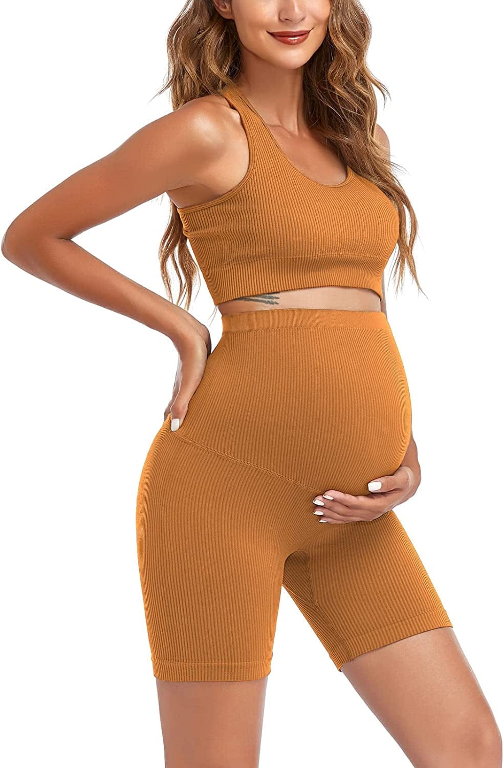 Maternity for Women 2Piece ,Seamless Ribbed Built in Maternity Bra High Waist Elasticity Pregnancy Shorts Sets Yellow / Large