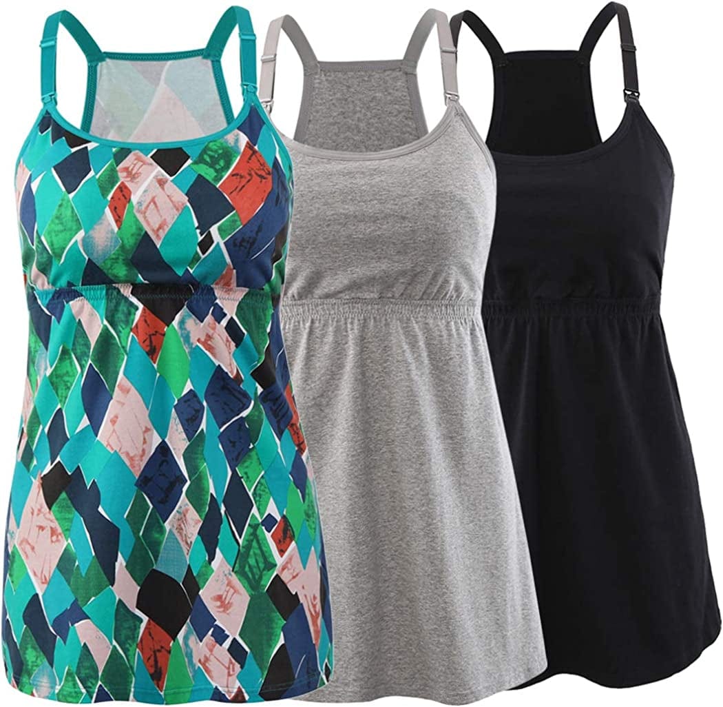Maternity Nursing Tank Top, Women Maternity Cami Nursing Sleep Bra Breastfeeding Tops for Pregnancy Black+grey+green Print/3pack / Small