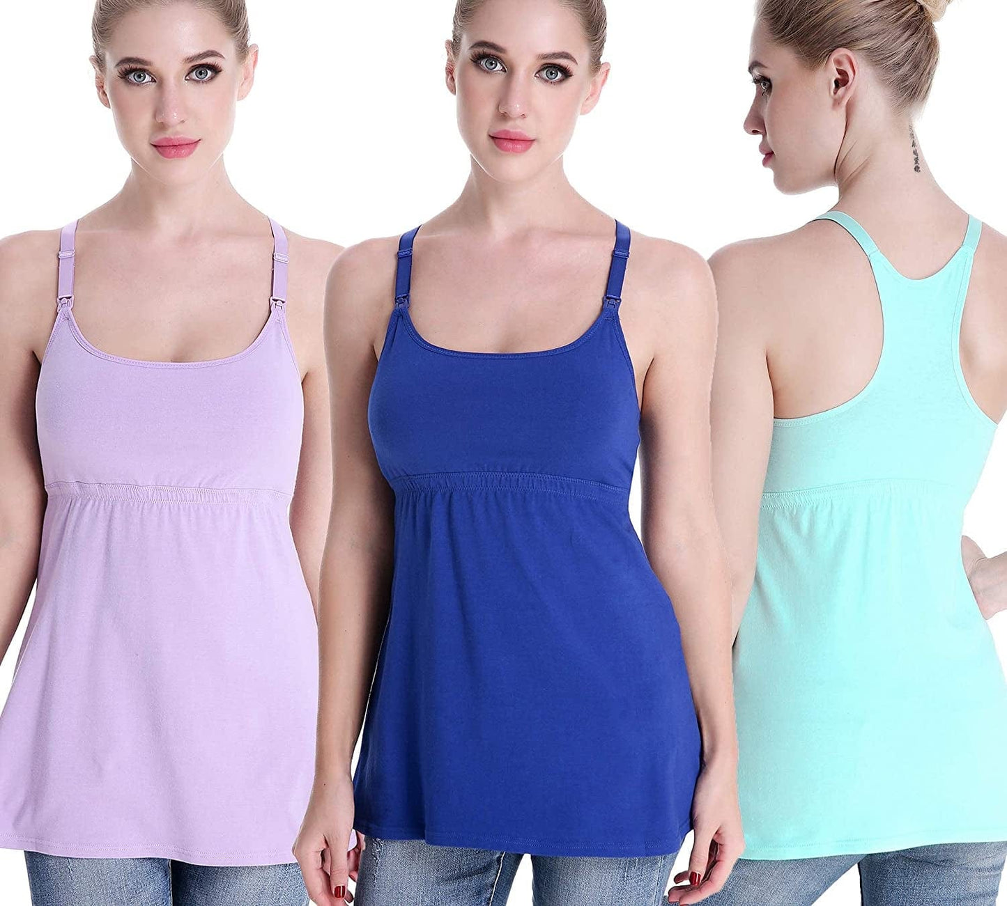 Maternity Nursing Tank Tops with Shelf Bra Breastfeeding Cami Shirt 3-Pack B-royal Blue+purple+light Green - Second Style / Medium