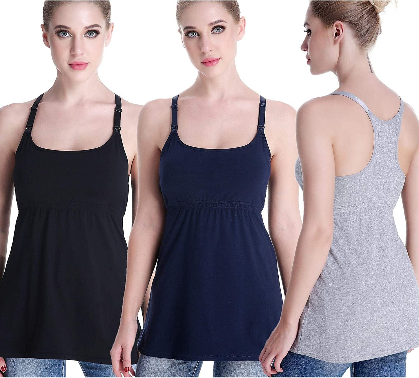 Maternity Nursing Tank Tops with Shelf Bra Breastfeeding Cami Shirt 3-Pack B-black+navy+grey - Second Style / Small