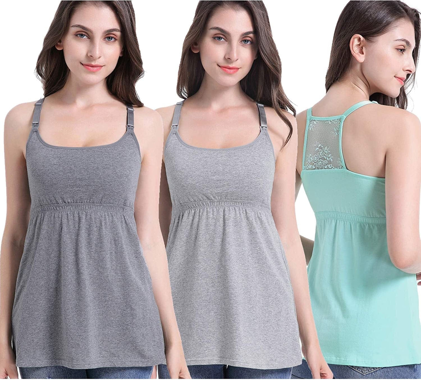 Maternity Nursing Tank Tops with Shelf Bra Breastfeeding Cami Shirt 3-Pack C-charcoal+grey+light Green - Third Style / Medium