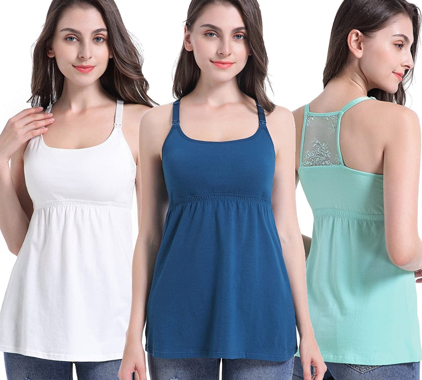 Maternity Nursing Tank Tops with Shelf Bra Breastfeeding Cami Shirt 3-Pack C-white+atrovirens+light Green - Third Style / Large