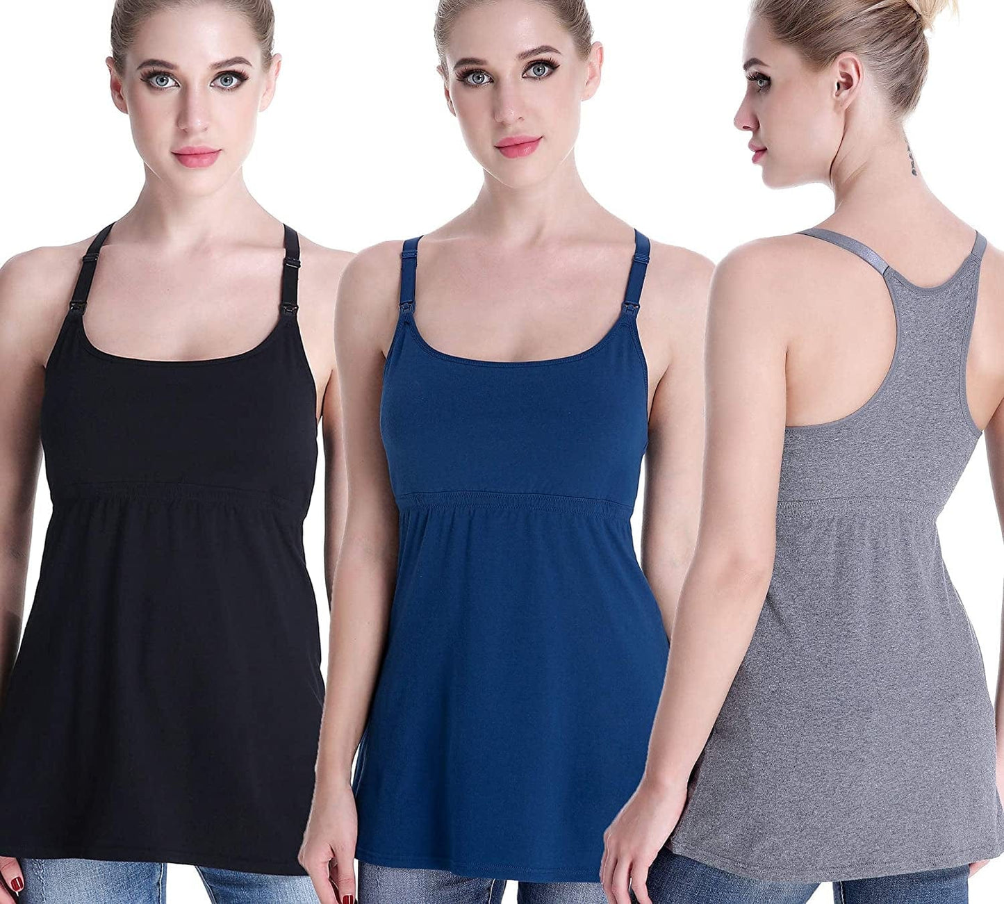 Maternity Nursing Tank Tops with Shelf Bra Breastfeeding Cami Shirt 3-Pack B-black+charcoal+atrovirens - Second Style / X-Large