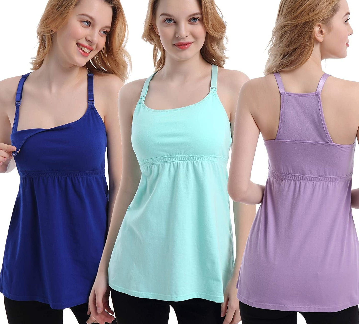 Maternity Nursing Tank Tops with Shelf Bra Breastfeeding Cami Shirt 3-Pack A-royal Blue/Purple/Light Green - First Style / Medium