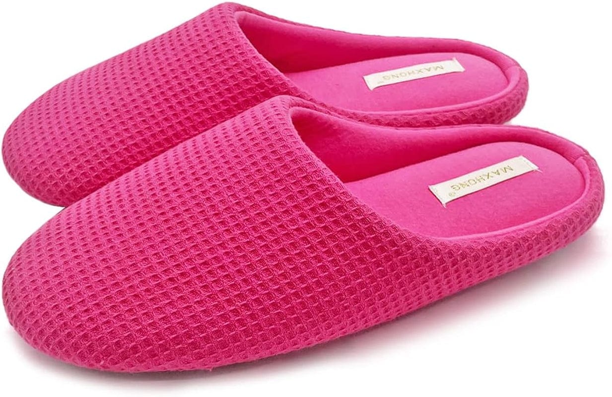 MAXHONG Womens Cotton Waffle Lightweight House Slippers with Memory Foam, Washable Home Slippers,Indoor Comfy Bedroom Cozy Slippers Slip On Hot Pink / 9-10