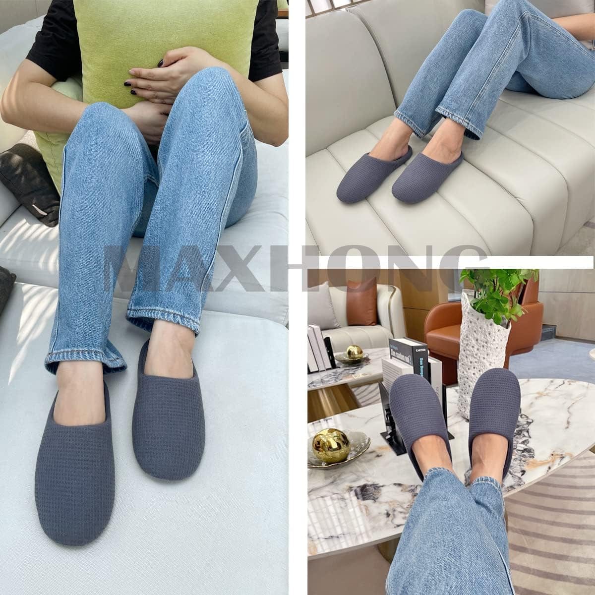 MAXHONG Womens Cotton Waffle Lightweight House Slippers with Memory Foam, Washable Home Slippers,Indoor Comfy Bedroom Cozy Slippers Slip On