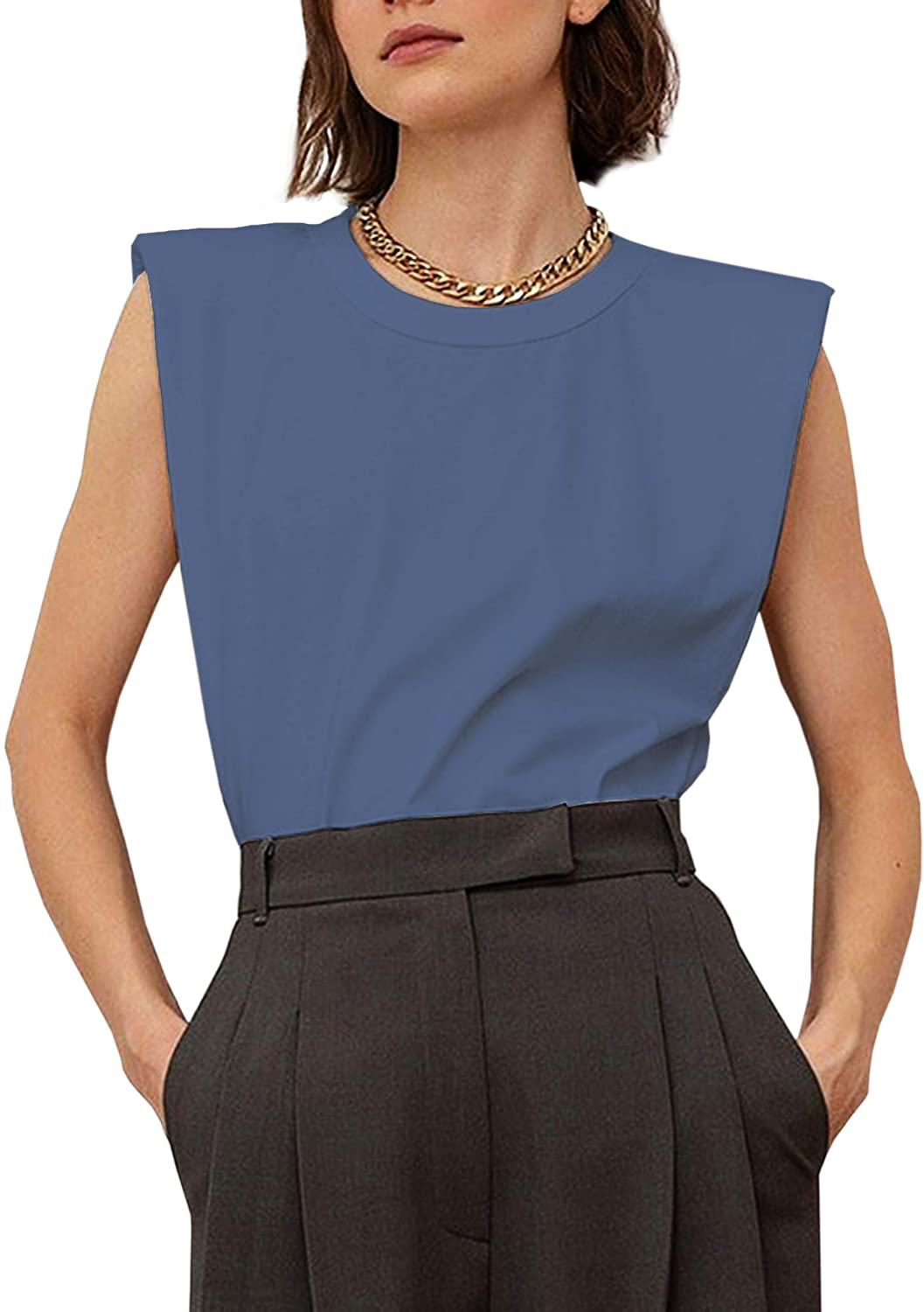 Meladyan Women’S Solid Cotton Padded Shoulder Sleeveless Tee Vest Crew Neck Loose Tank Tops Apparel & Accessories > Clothing > Activewear Kylie Max
